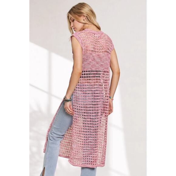 ADORA Multi Color Sleeveless Round Neck Side Slit Crochet Tunic Top | Pink - Picture 4 of 6